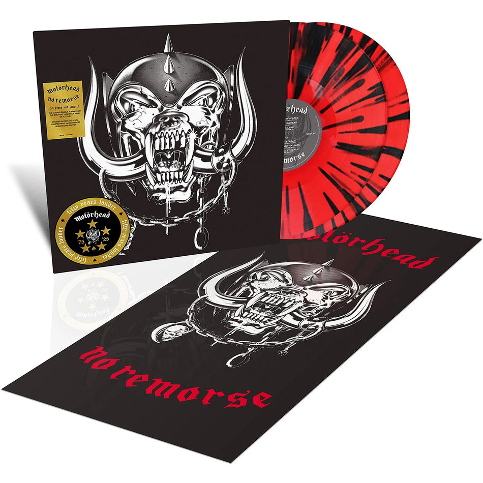 Motorhead - No Remorse packshot, red with black splatter vinyl pressing, 50th anniversary double LP