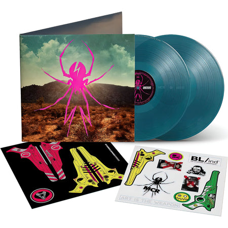 My Chemical Romance Danger Days: The True Lives Of The Fabulous Killjoys exploding packshot for the deluxe indie exclusive sea blue vinyl 2LP at ToucanRecords.com. A 2026 remastered release with nine bonus tracks and sticker sheets. Gatefold.