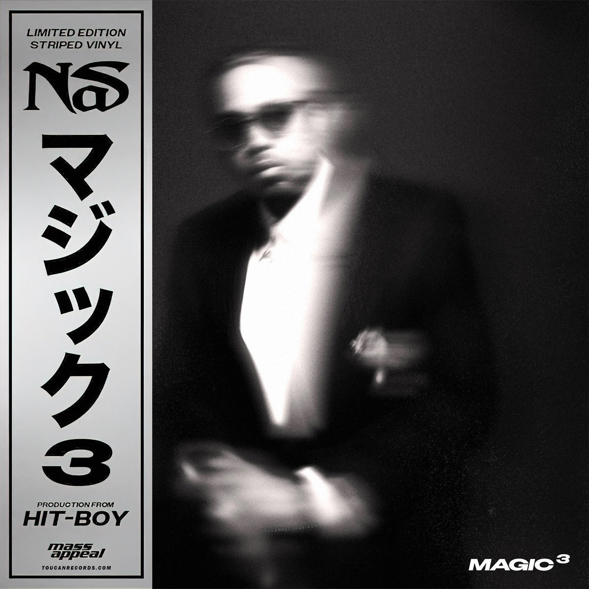 Nas - Magic 3 album cover with Obi Strip, limited edition black and white stripe colored vinyl LP, double album produced entirely by Hit-Boy