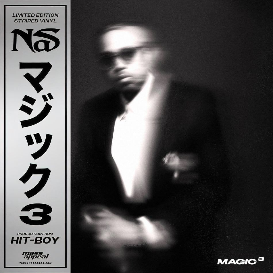 Nas - Magic 3 album cover with Obi Strip, limited edition black and white stripe colored vinyl LP, double album produced entirely by Hit-Boy