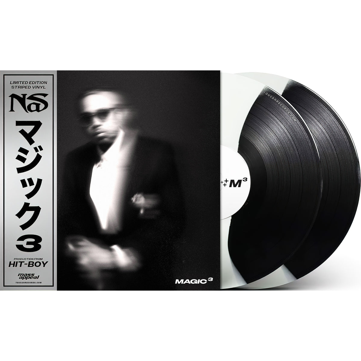 Nas - Magic 3 vinyl LP packshot, limited edition black and white stripe colored 2LP with OBI strip and printed inner sleeves