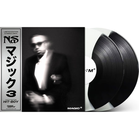 Nas - Magic 3 vinyl LP packshot, limited edition black and white stripe colored 2LP with OBI strip and printed inner sleeves