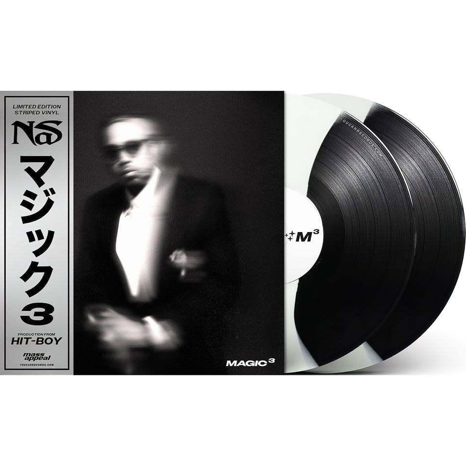 Nas - Magic 3 vinyl LP packshot, limited edition black and white stripe colored 2LP with OBI strip and printed inner sleeves