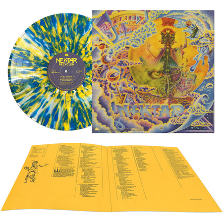 Nektar - Recycled, packshot back view, limited edition blue & yellow splatter colored vinyl, 1970s prog rock