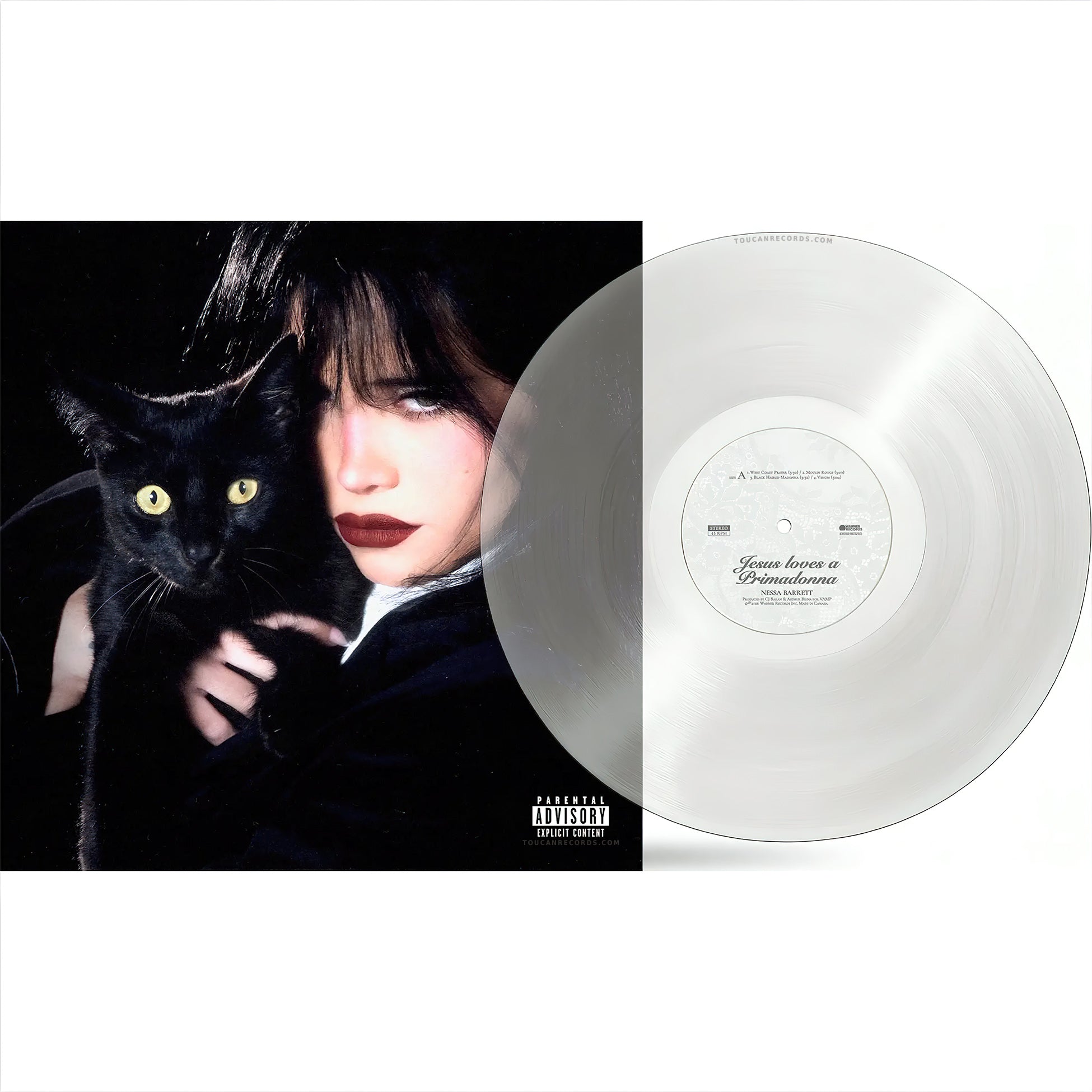 Nessa Barrett Jesus Loves A Primadonna packshot for the crystal clear vinyl LP with single jacket and 12x24 poster