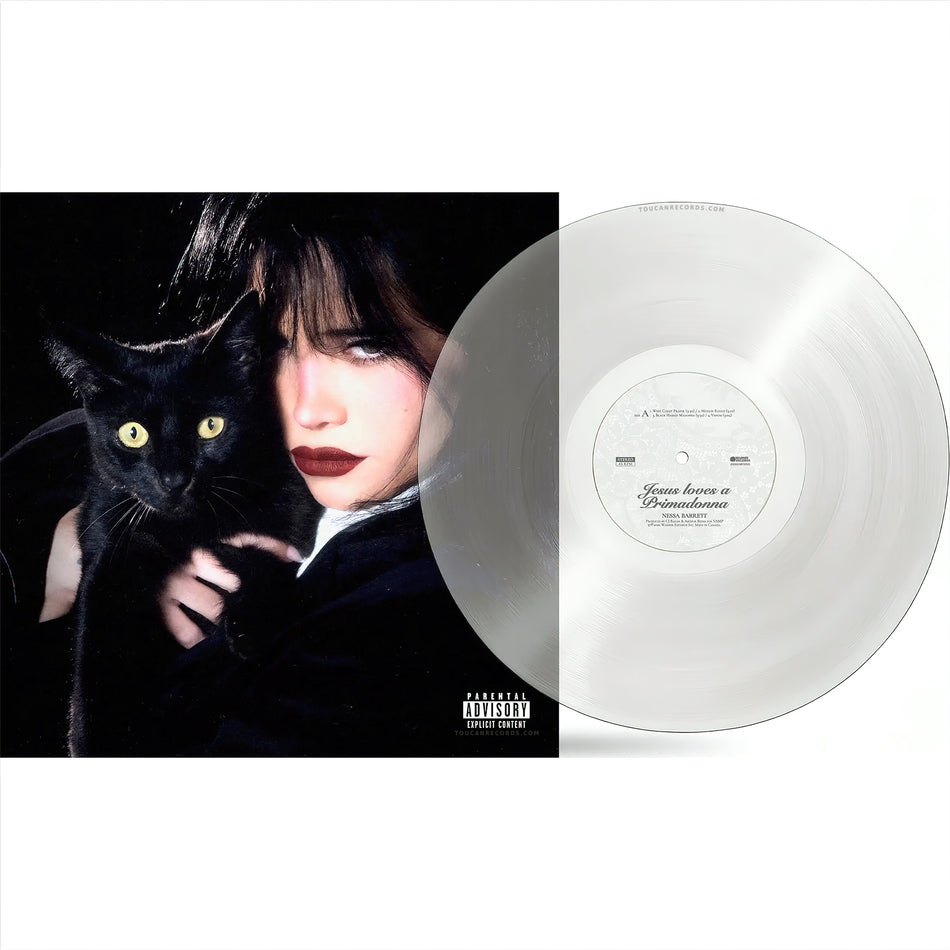 Nessa Barrett Jesus Loves A Primadonna packshot for the crystal clear vinyl LP with single jacket and 12x24 poster