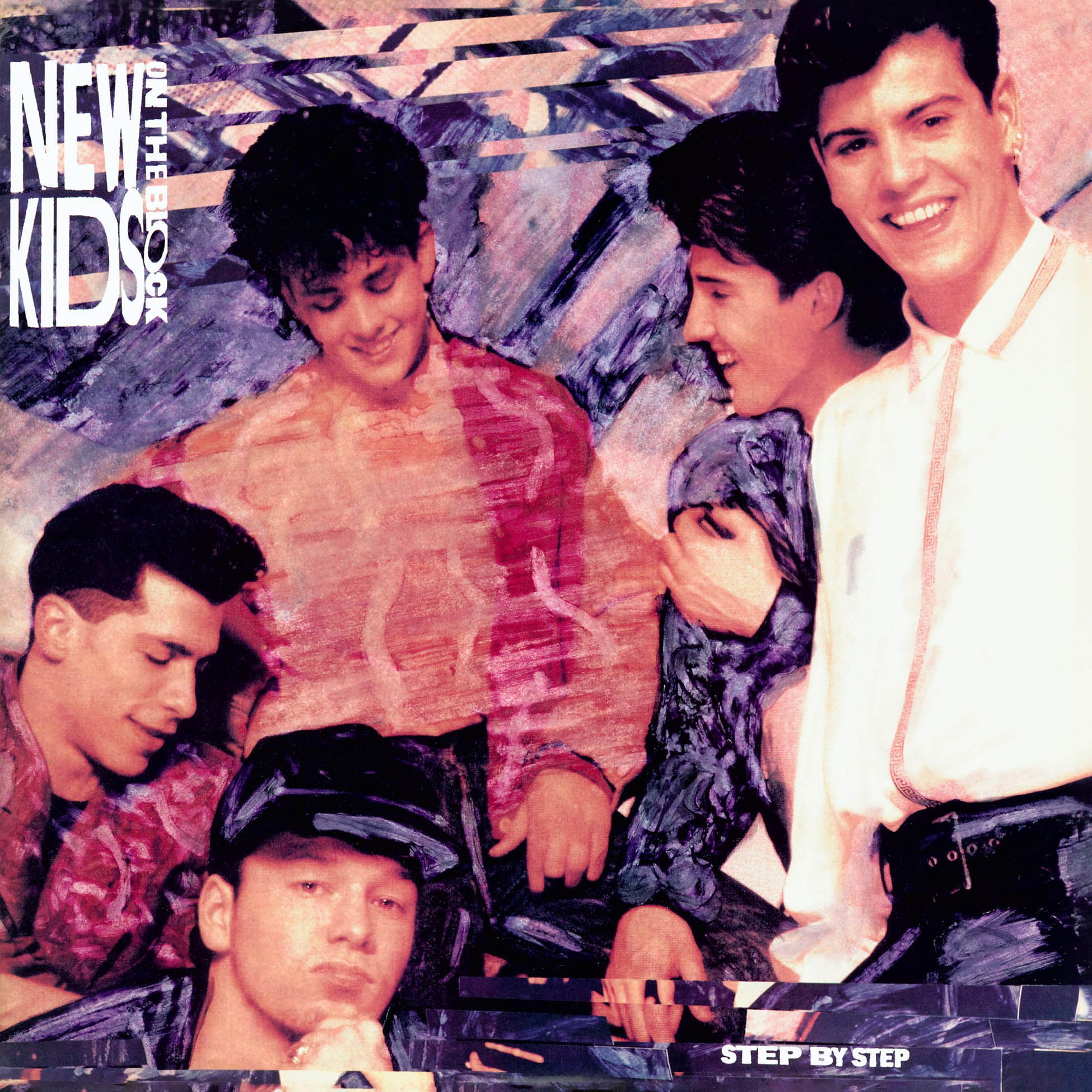 New Kids On The Block - Step By Step album cover, black vinyl LP, pop reissue from 1990 – available at ToucanRecords.com