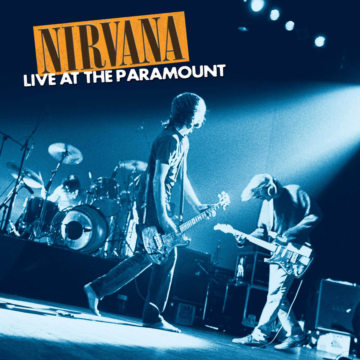 Nirvana Live At The Paramount album cover art for the 2LP transparent orange vinyl pressing with gatefold jacket.
