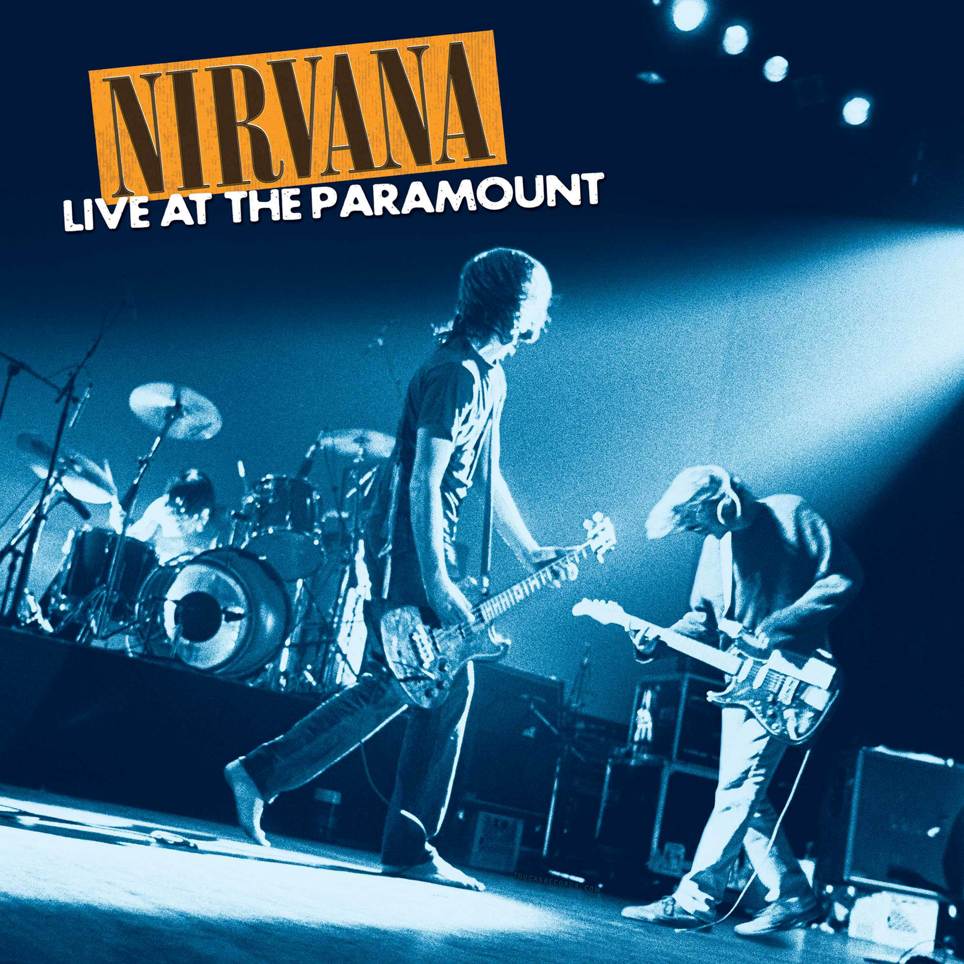 Nirvana Live At The Paramount album cover art for the 2LP transparent orange vinyl pressing with gatefold jacket.