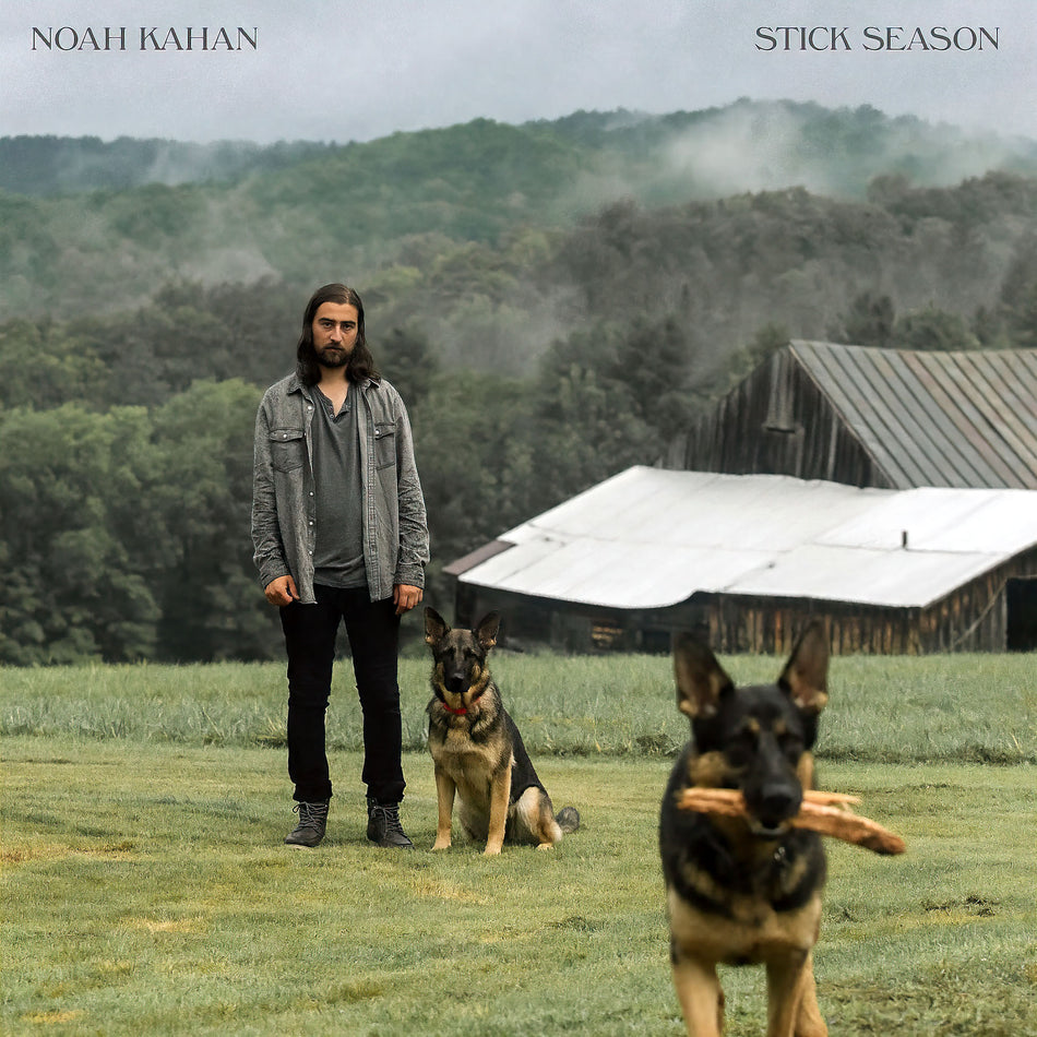 Noah Kahan - Stick Season album cover, brown vinyl Indie Exclusive, folk-pop and Americana. German Shepherd dogs in image.