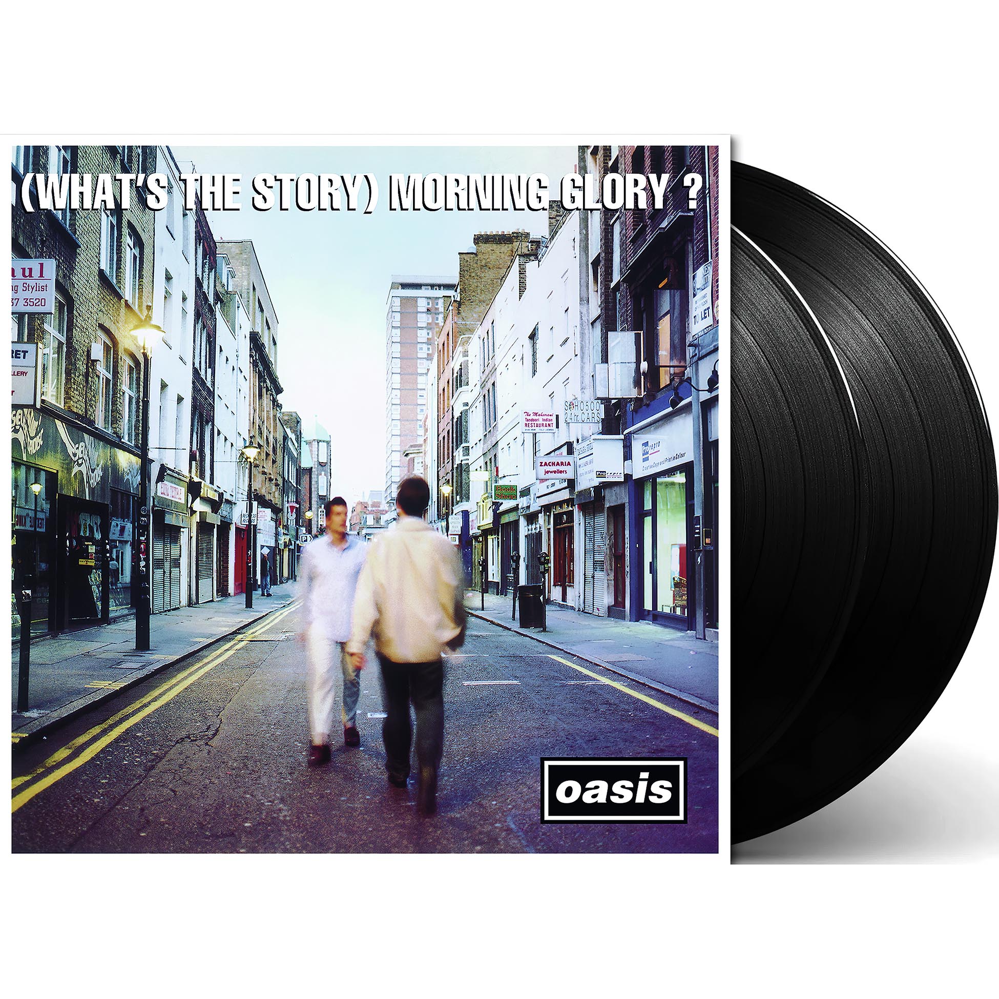 oasis, what's the story morning glory, what's the story, packshot, black vinyl, 2 lp, album cover, album art, cover, cover art, vinyl,