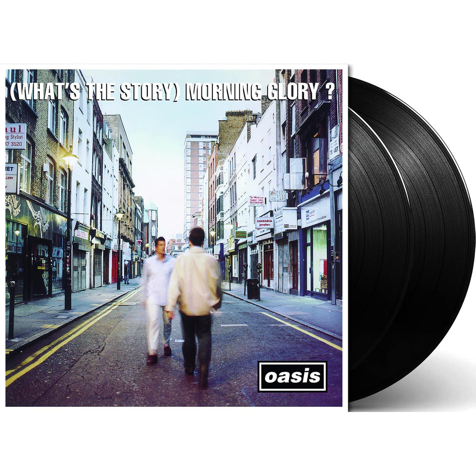 oasis, what's the story morning glory, what's the story, packshot, black vinyl, 2 lp, album cover, album art, cover, cover art, vinyl,