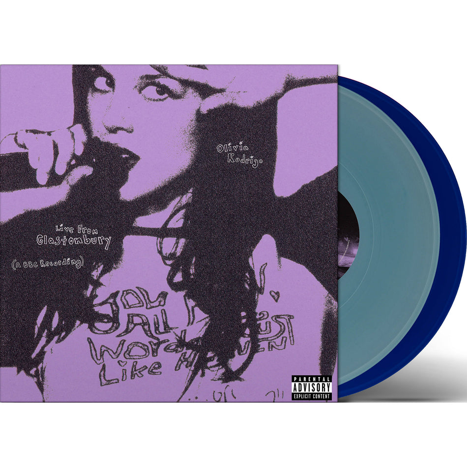Olivia Rodrigo Glastonbury live album artwork packshot, 2 LP, 1 light blue & 1 cobalt blue colored vinyl