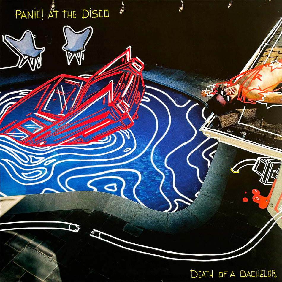 Panic! At The Disco Death Of A Bachelor album cover for limited edition silver vinyl LP featuring Brendon Urie. Available at Toucan Records