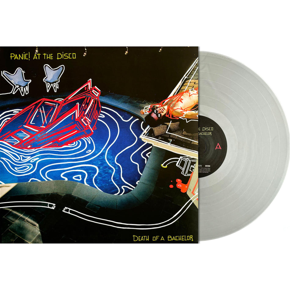 Death Of A Bachelor by Panic! At The Disco on limited edition silver colored vinyl LP. ToucanRecords.com