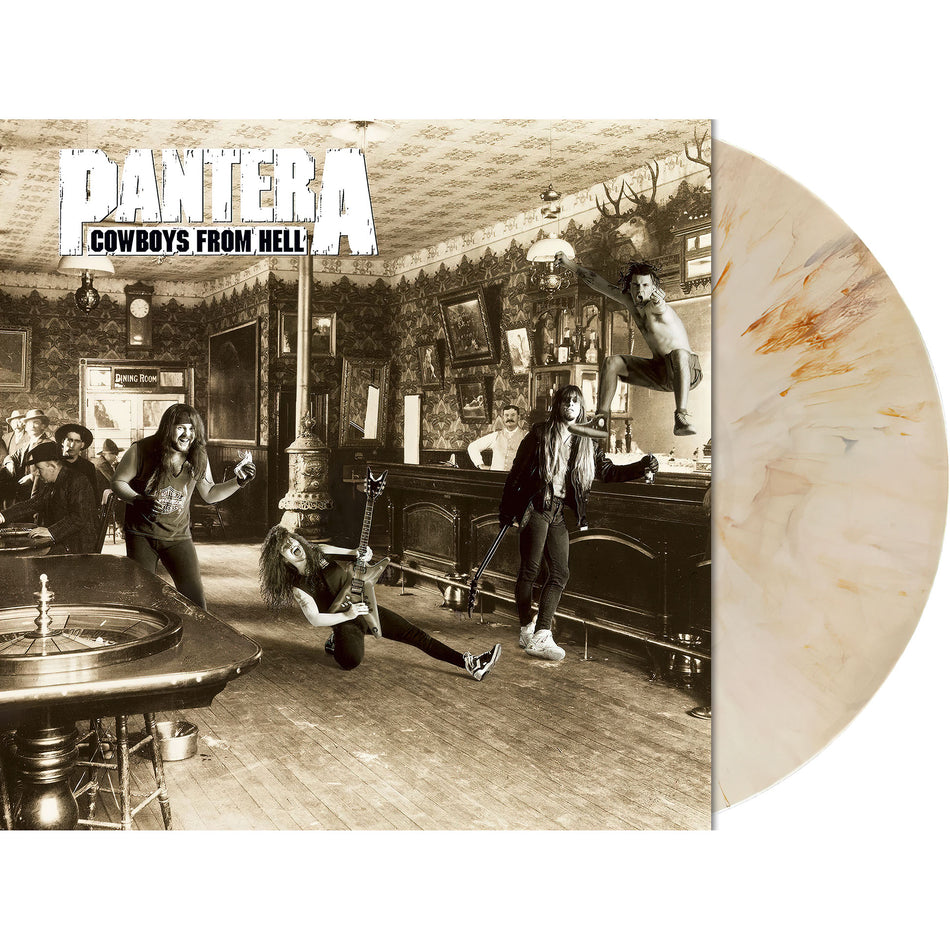 pantera, cowboys from hell, limited edition, whiskey brown marble, packshot, colored vinyl, album cover, album art, cover, cover art, vinyl,