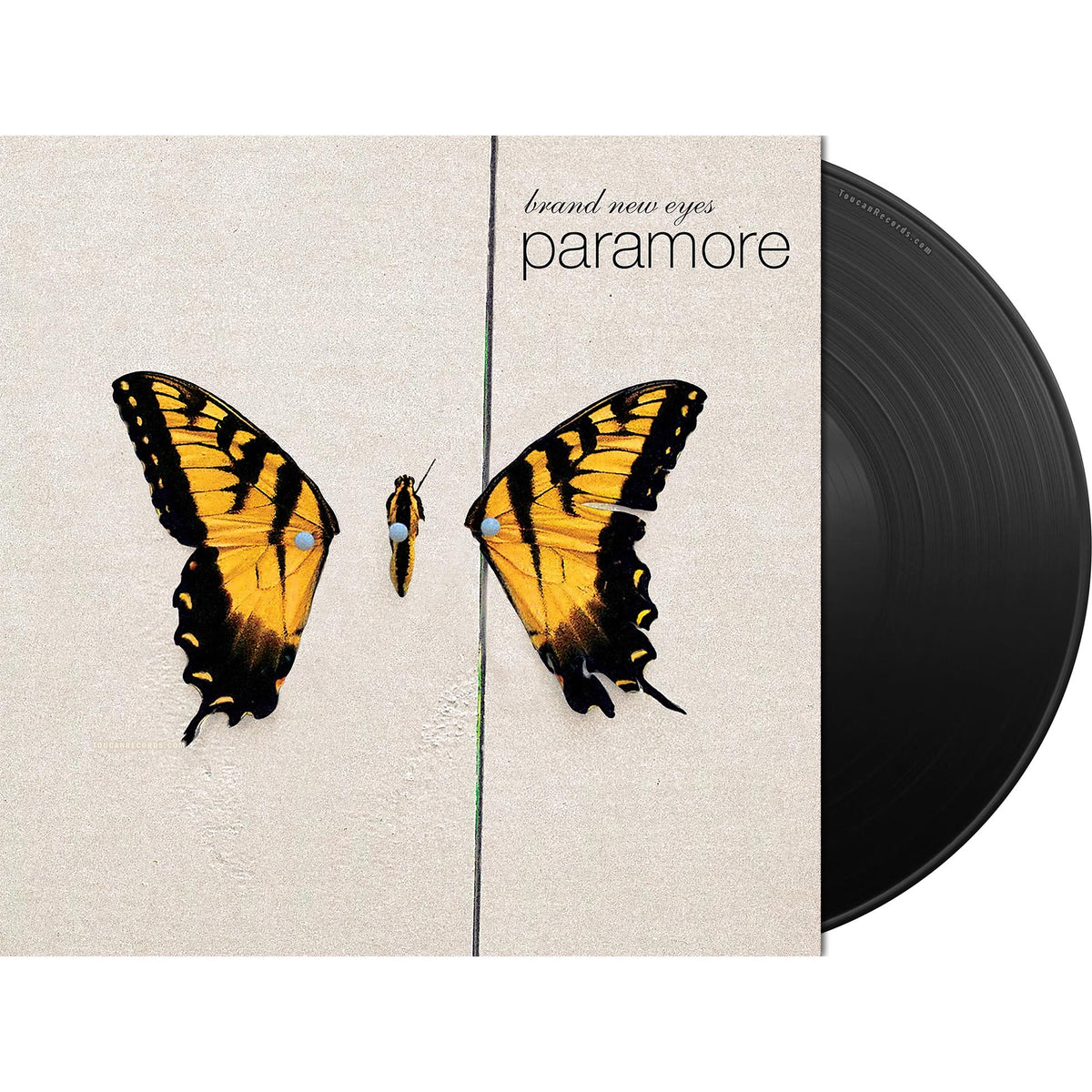 Paramore - Brand New Eyes black vinyl LP packshot featuring the band's third studio album with a printed inner sleeve.