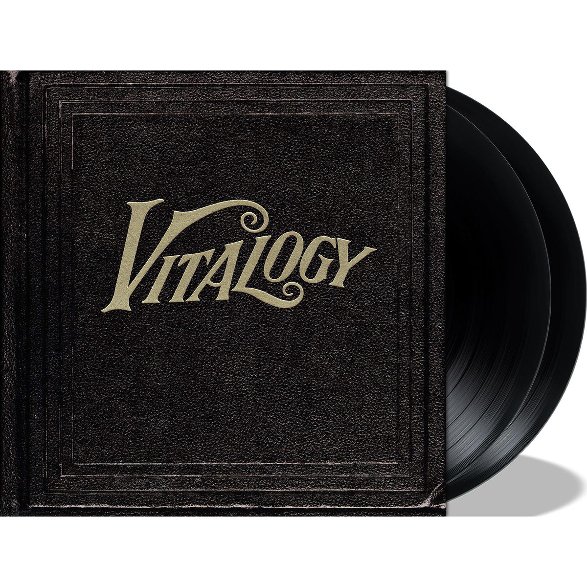 Pearl Jam Vitalogy vinyl packshot, 180g black 2LP, embossed leather-effect gatefold with gold-foil debossed gatefold lettering plus an 8-page booklet 