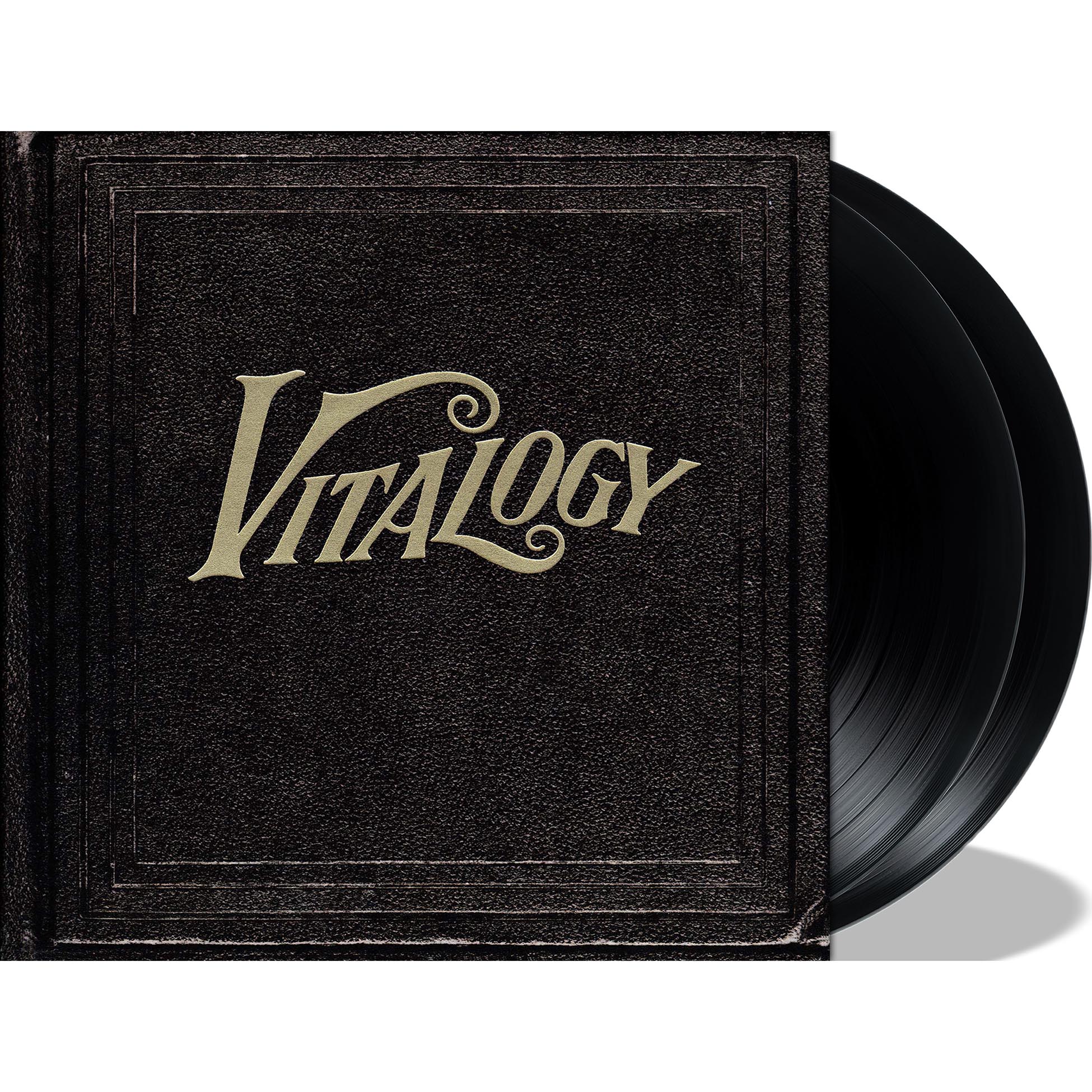 Pearl Jam Vitalogy vinyl packshot, 180g black 2LP, embossed leather-effect gatefold with gold-foil debossed gatefold lettering plus an 8-page booklet 