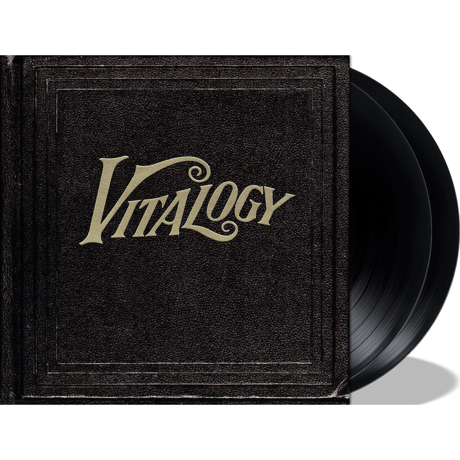 Pearl Jam Vitalogy vinyl packshot, 180g black 2LP, embossed leather-effect gatefold with gold-foil debossed gatefold lettering plus an 8-page booklet 