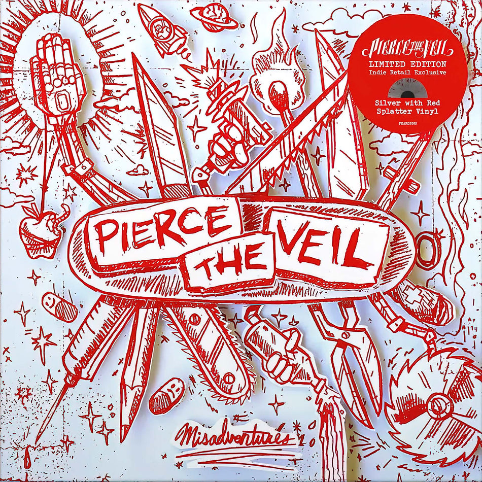 pierce the veil, misadventures, limited edition, indie exclusive, indie retail exclusive, silver with red splatter, vinyl, album cover, album art, cover, cover art