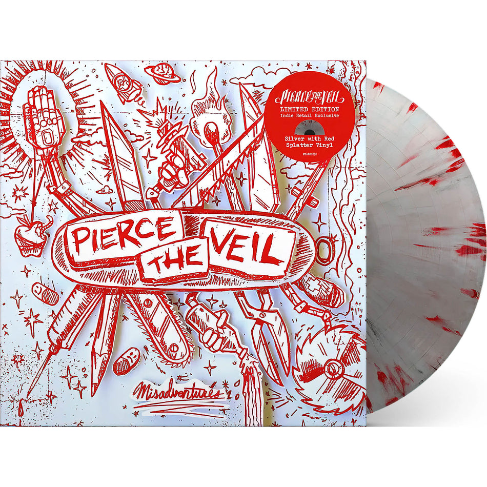 pierce the veil, misadventures, packshot, limited edition, indie exclusive, indie retail exclusive, silver with red splatter, vinyl, album cover, album art, cover, cover art,