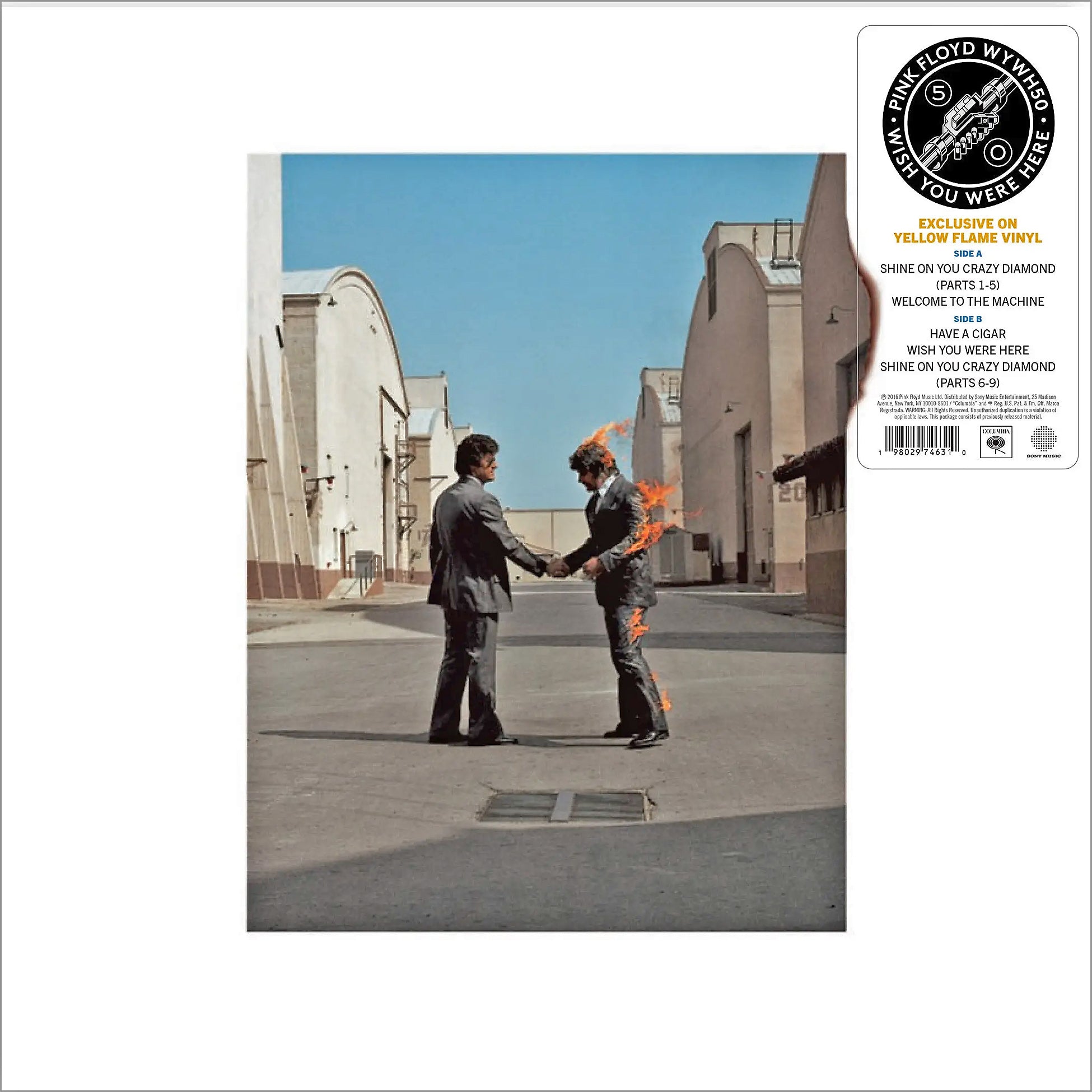 Pink Floyd Wish You Were Here 50th Anniversary album cover art for the yellow flame vinyl LP.