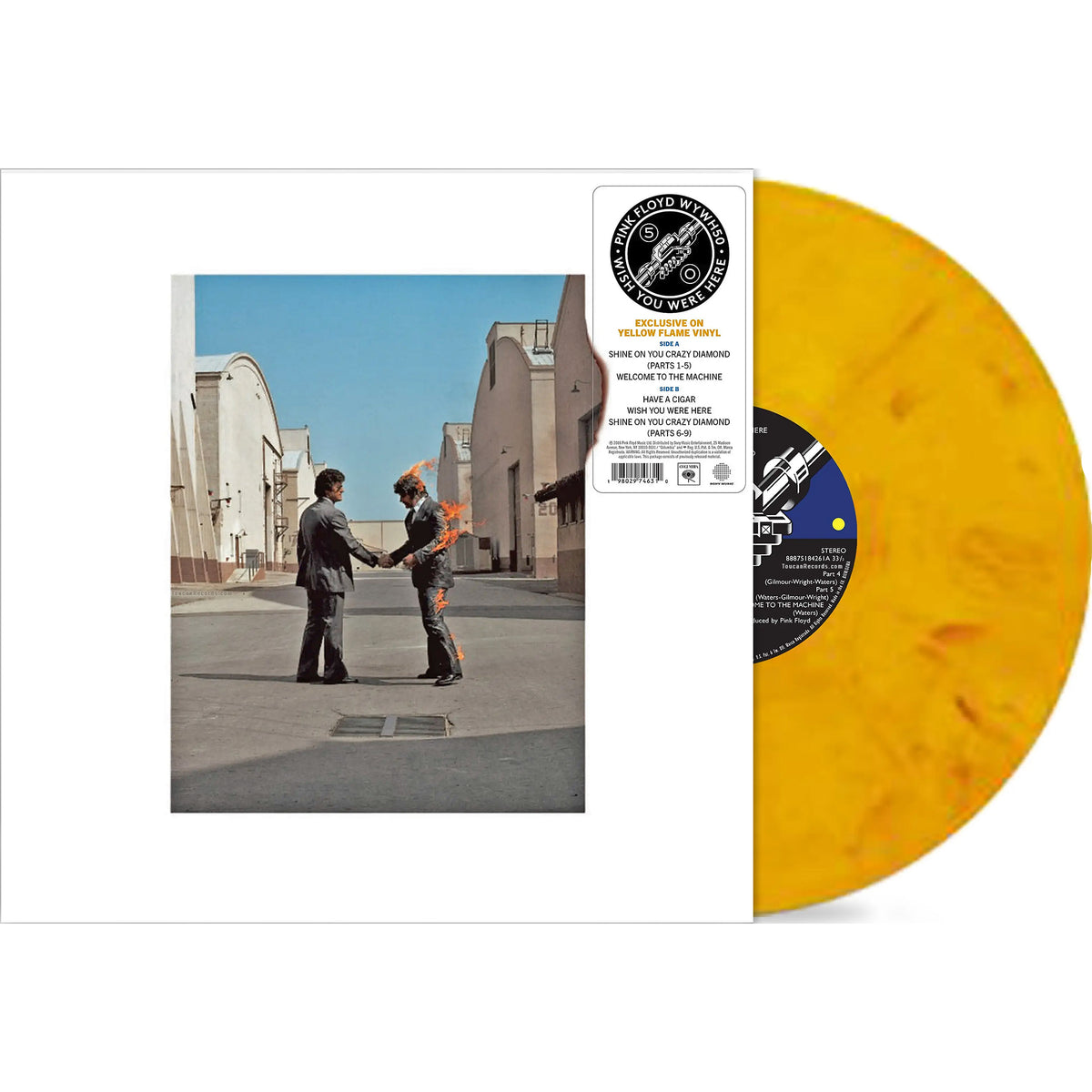 Pink Floyd Wish You Were Here 50th Anniversary yellow flame vinyl packshot with UK import LP.