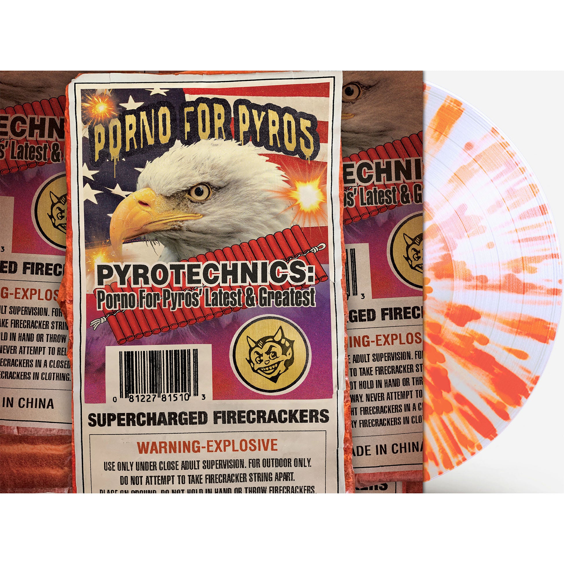 Porno For Pyros - Pyrotechnics Latest & Greatest packshot, clear with orange splatter LP, 1990s alternative rock