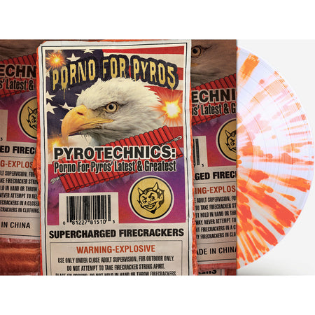 Porno For Pyros - Pyrotechnics Latest & Greatest packshot, clear with orange splatter LP, 1990s alternative rock