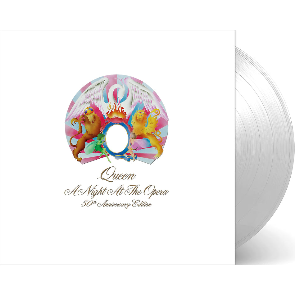 Queen A Night at the Opera packshot, clear vinyl 50th Anniversary, rock opera classic