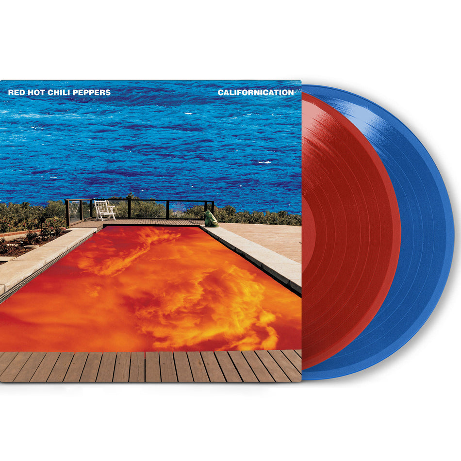 Red Hot Chili Peppers Californication packshot, red and ocean blue vinyl records 25th anniversary