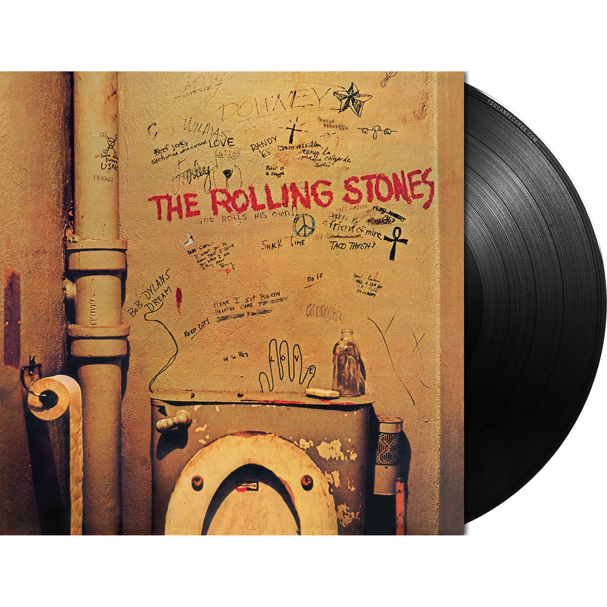 The Rolling Stones Beggars Banquet packshot of the 180g black vinyl LP in gatefold packaging, available at ToucanRecords.com.