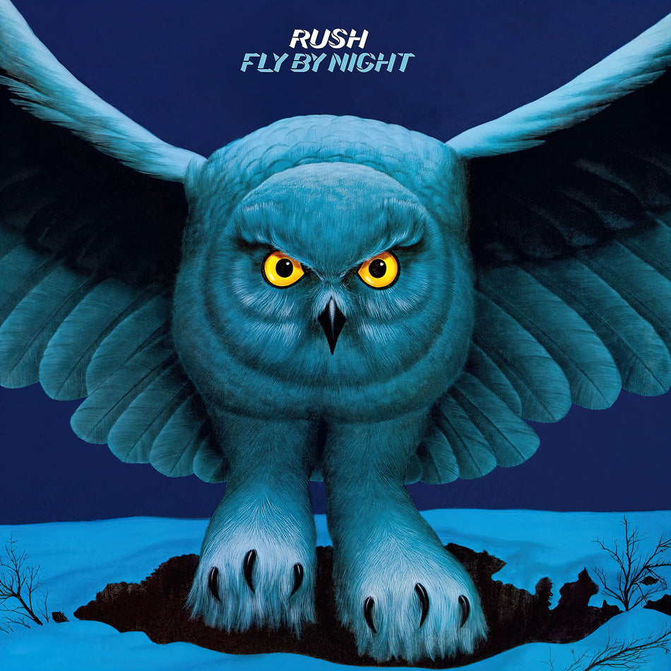 Album cover with a blue owl and 'Rush' 'Fly By Night' text which is the artist and album title. On 180g black vinyl.