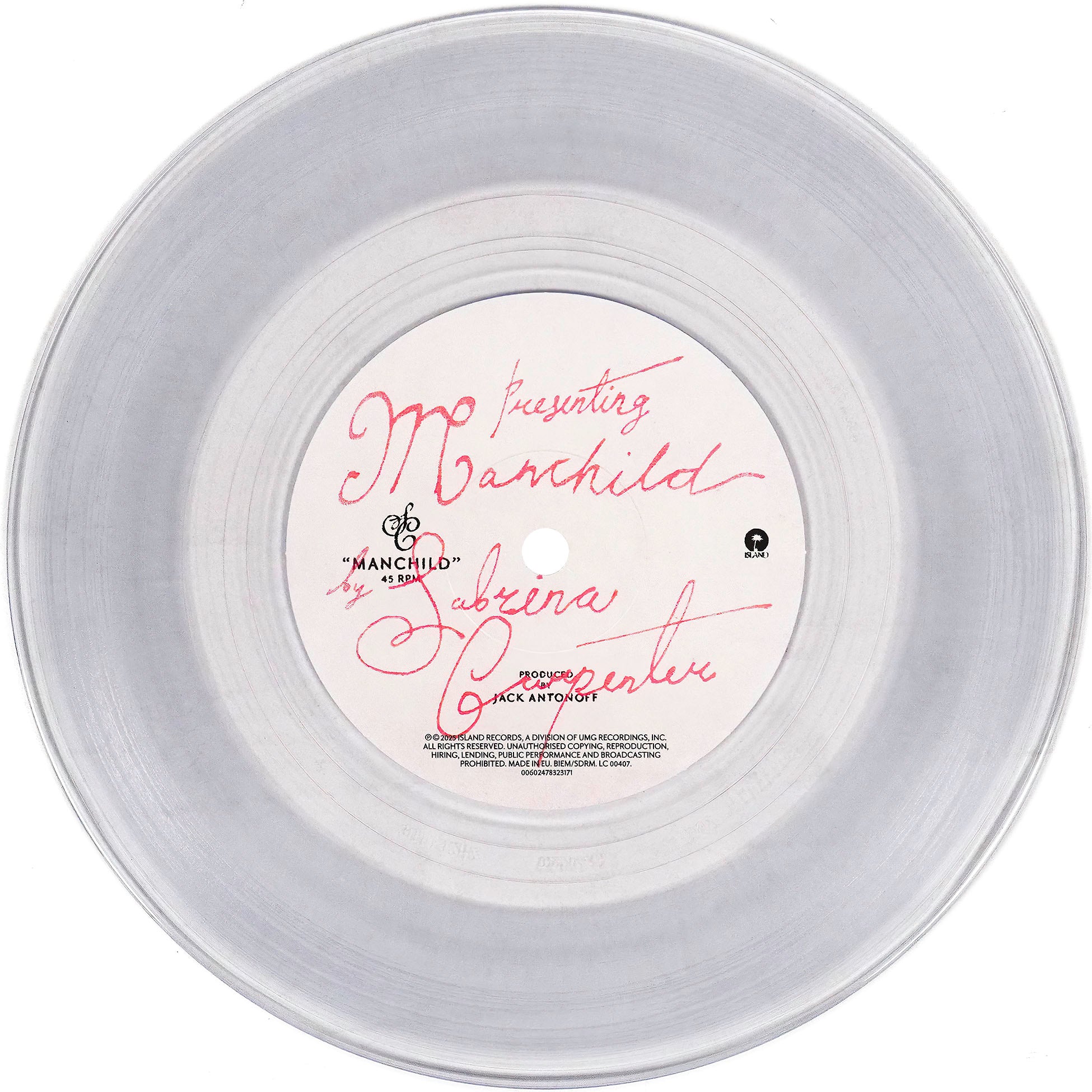 Sabrina Carpenter Manchild 7 inch single, side A, clear vinyl, indie exclusive