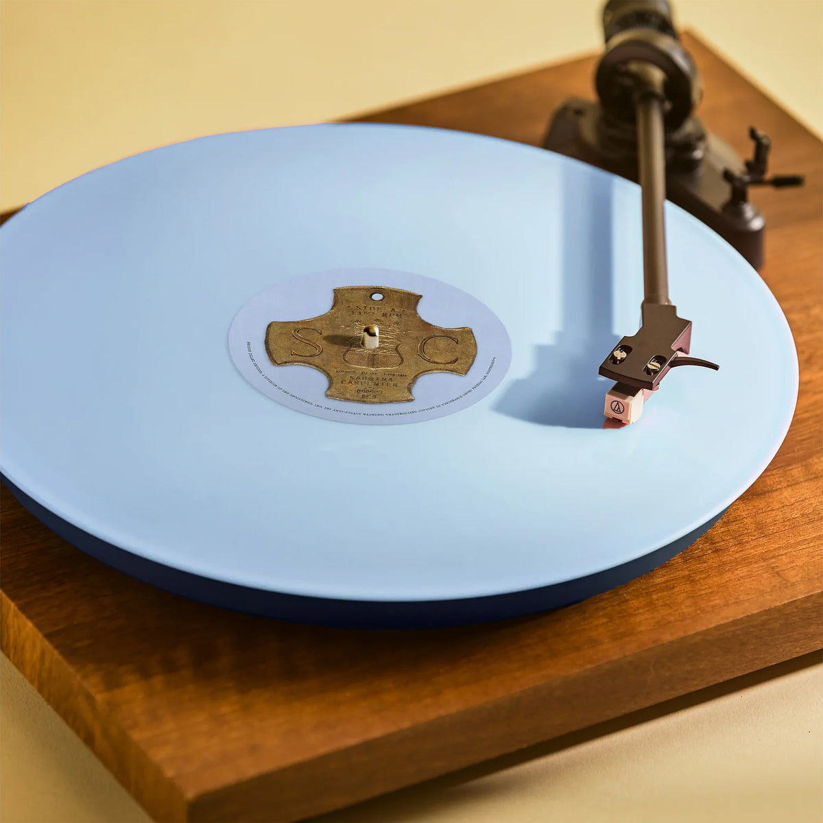Sabrina Carpenter - Man's Best Friend turntable view (not included), light blue vinyl pressing, pop / bedroom pop mega-hit record