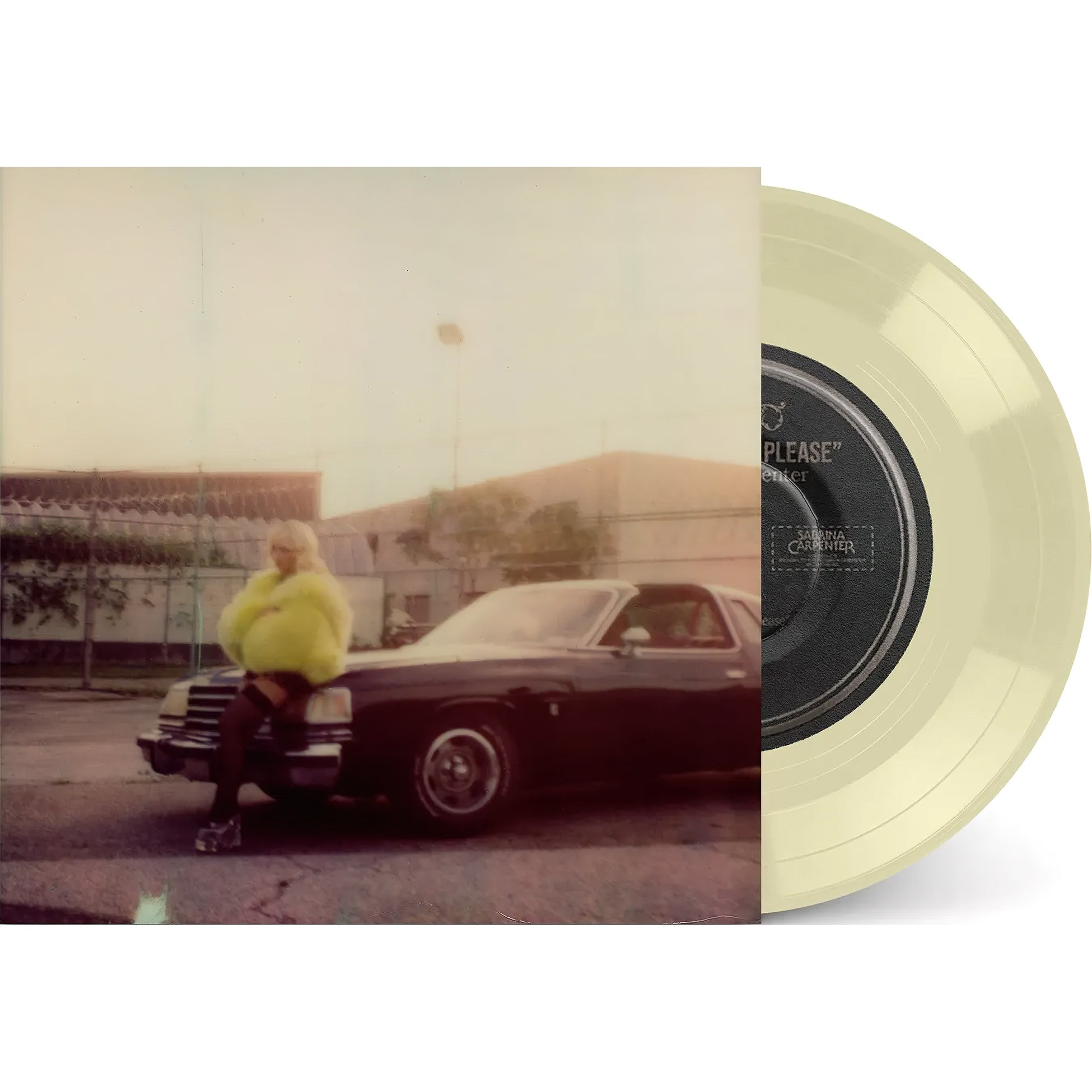 Sabrina Carpenter - Please Please Please 7" packshot, indie exclusive glow vinyl with acoustic B-side, chart-topping pop single from 2024