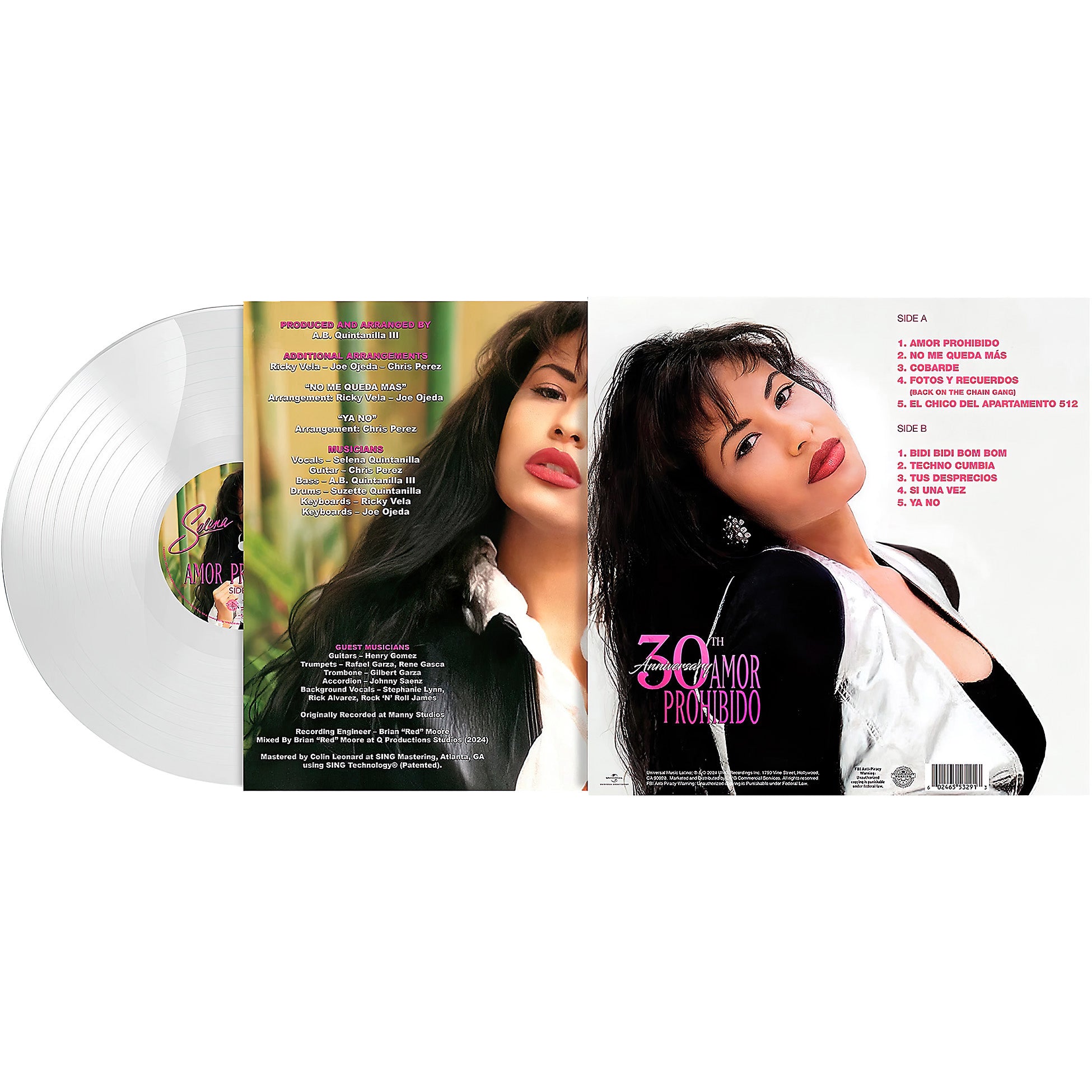 Selena Amor Prohibido packshot, clear vinyl records 30th anniversary, Tejano double LP