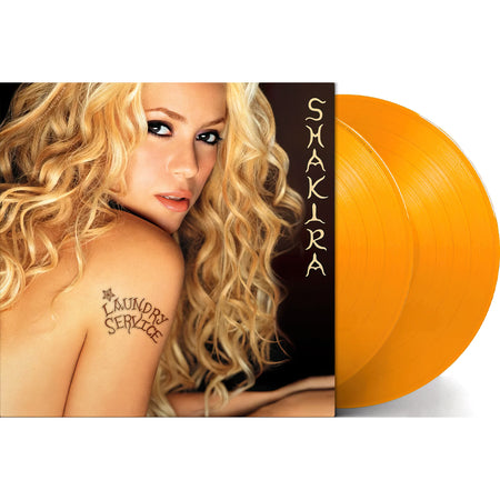 Laundry Service Shakira vinyl product photo, yellow 2LP edition with anniversary packaging, pop rock and Latin pop album featuring key early 2000s singles