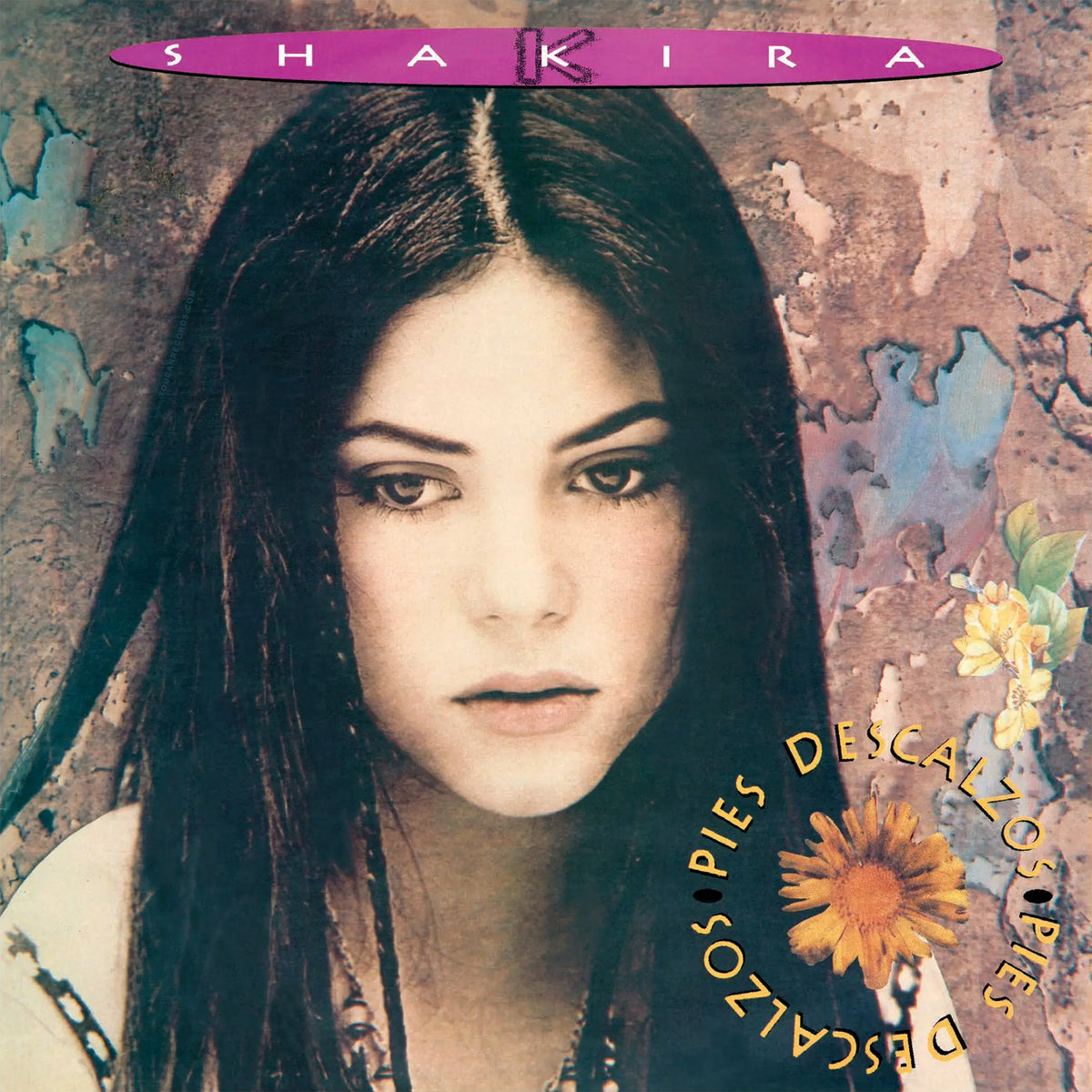 Pies Descalzos album cover image, Shakira 1995 release, Latin pop and pop rock tracklist including Estoy Aqui and Antologia at Toucan Records