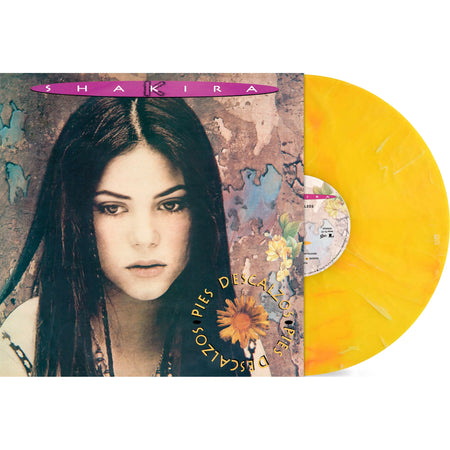 Pies Descalzos vinyl LP product photo, Yellow with Red Swirl colored marble vinyl with updated anniversary packaging, Shakira Latin pop classic, detailed retail listing album cover