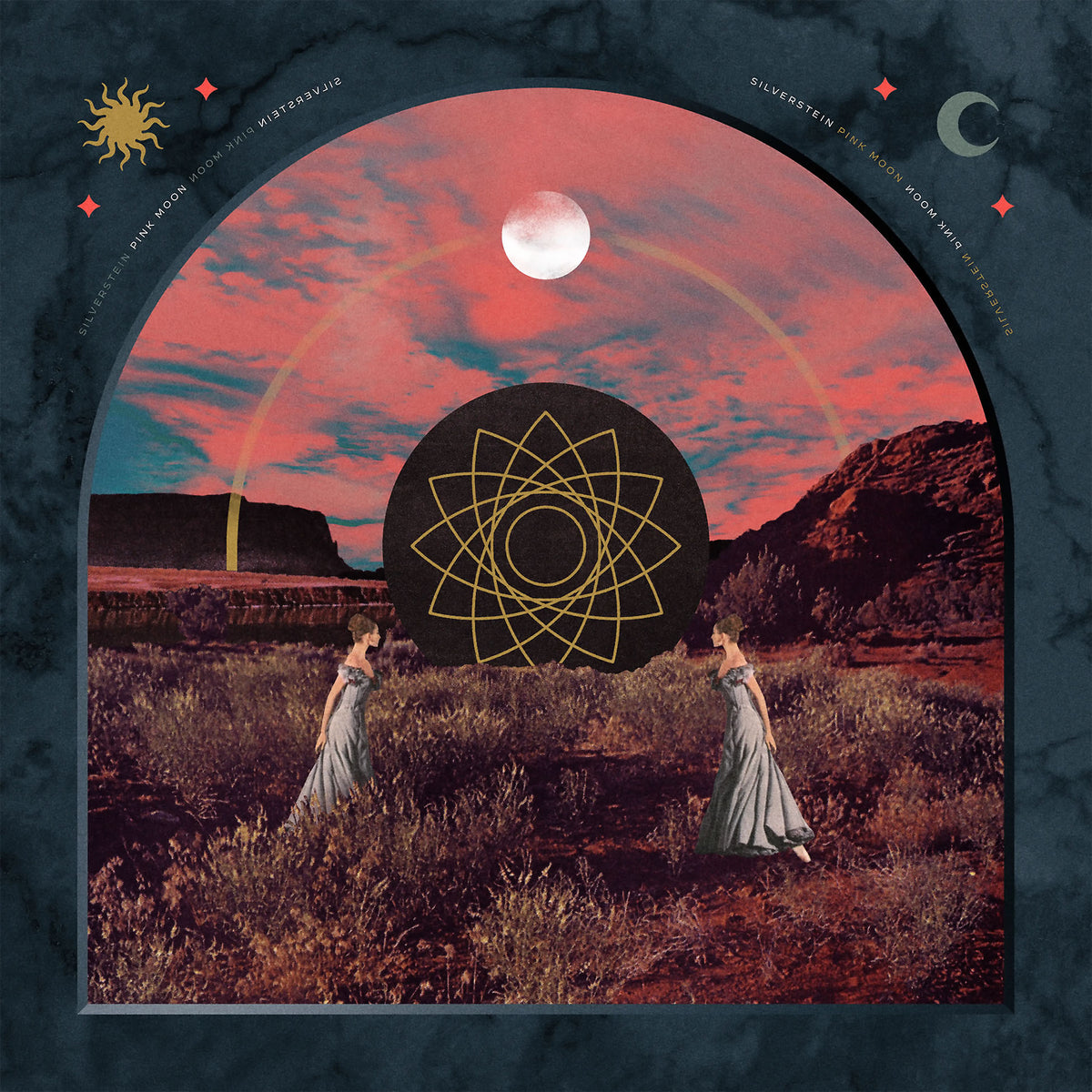 Silverstein Pink Moon album cover, 45 RPM blue vinyl pressing, post-hardcore limited edition, Die-cut Cover & Die-Cut Inner Sleeve revealing the record label
