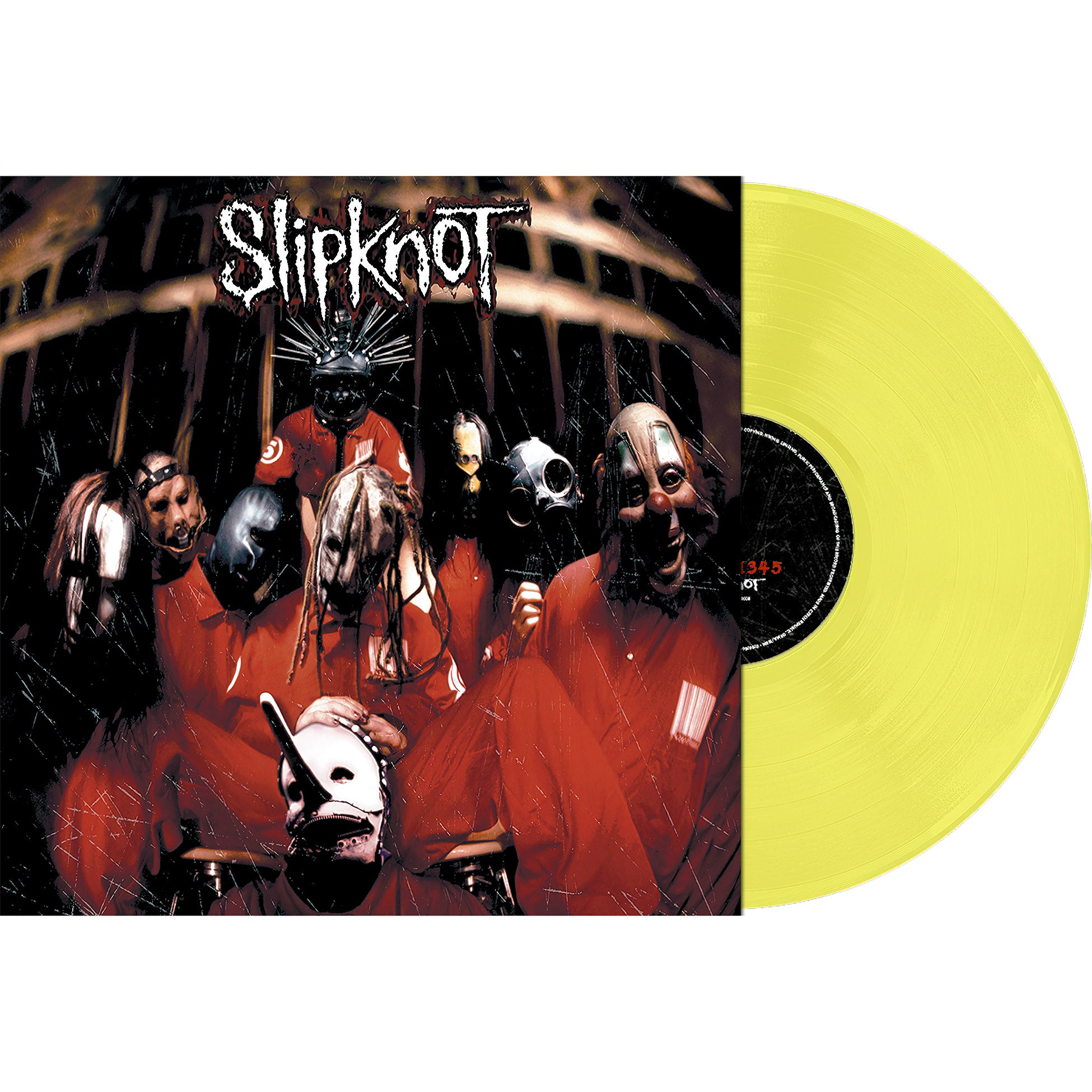 Slipknot LP packshot featuring Triple Platinum debut, 2022 lemon yellow vinyl reissue, nine-member masked metal landmark