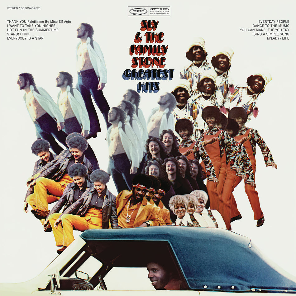 Sly & The Family Stone - Greatest Hits album cover, black vinyl LP compilation, with Everyday People, Dance To The Music & Sly & Thanks You (Falettinme Be Mice Elf Agin). Funk Soul