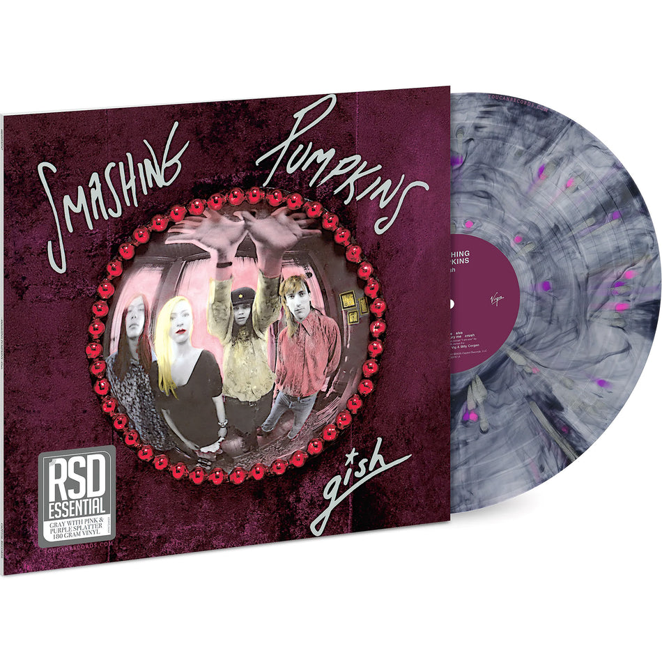 The Smashing Pumpkins Gish packshot for the RSD Essential, 180g gray swirl with pink and purple splatter vinyl LP available at ToucanRecords.com