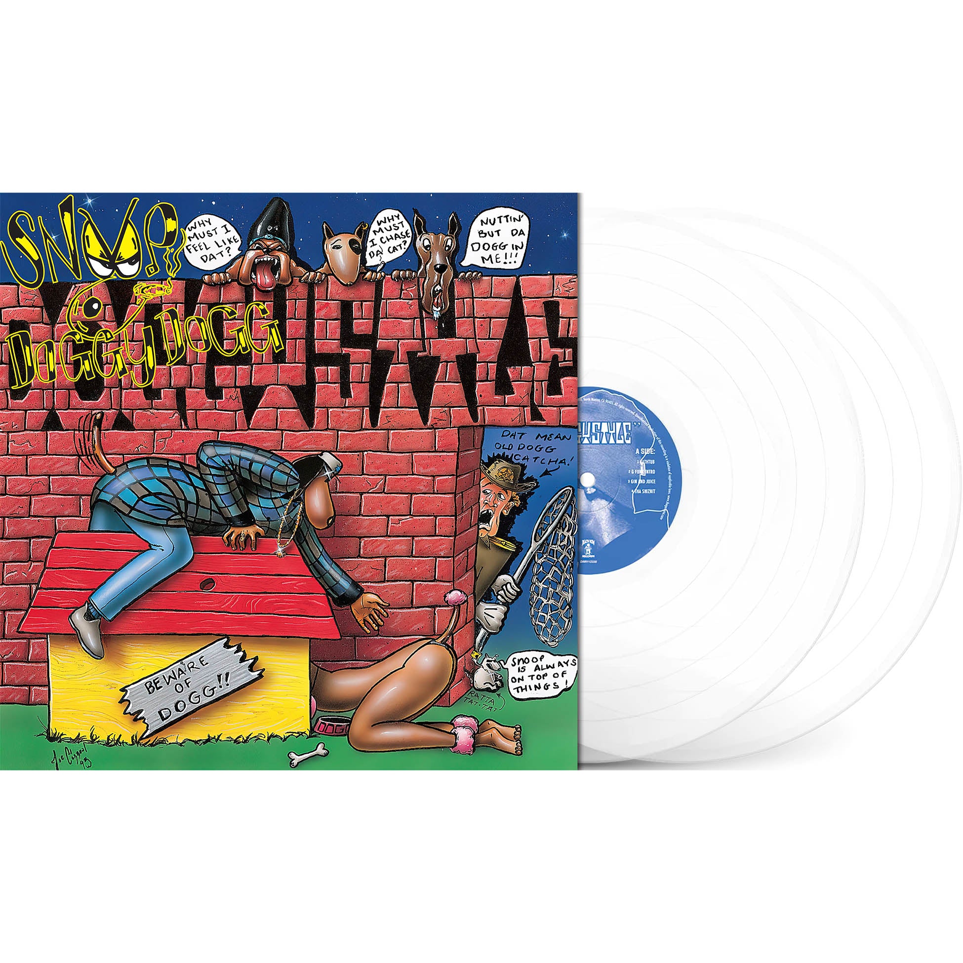 Doggystyle LP packshot featuring Snoop Dogg's debut album, clear vinyl with restored 1993 track listing, Dr. Dre-produced G-funk milestone