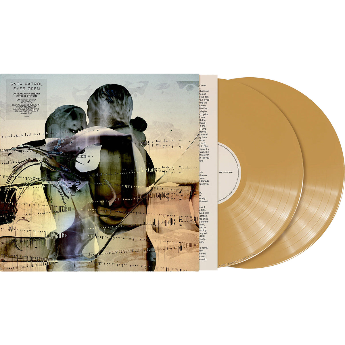 Snow Patrol Eyes Open packshot showing the 20th Anniversary gold vinyl LP edition with "Chasing Cars" and "Signal Fire"