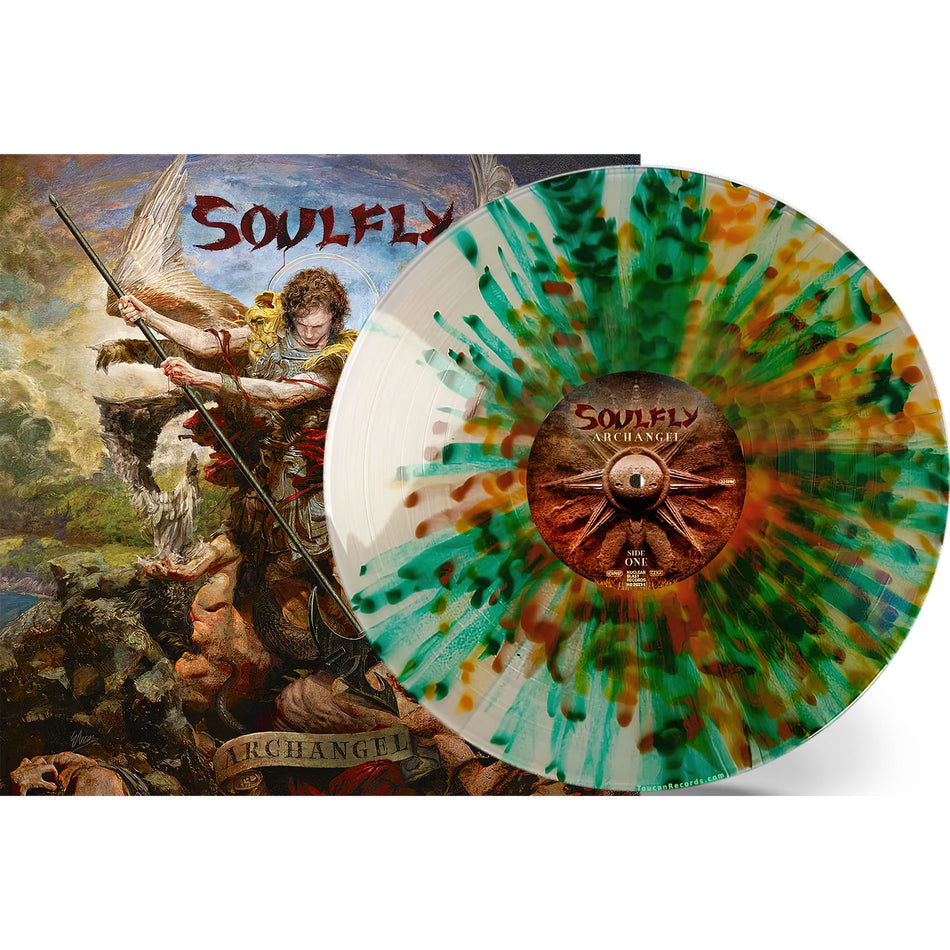 Soulfly Archangel packshot for the indie exclusive green orange brown splatter vinyl LP with three bonus tracks
