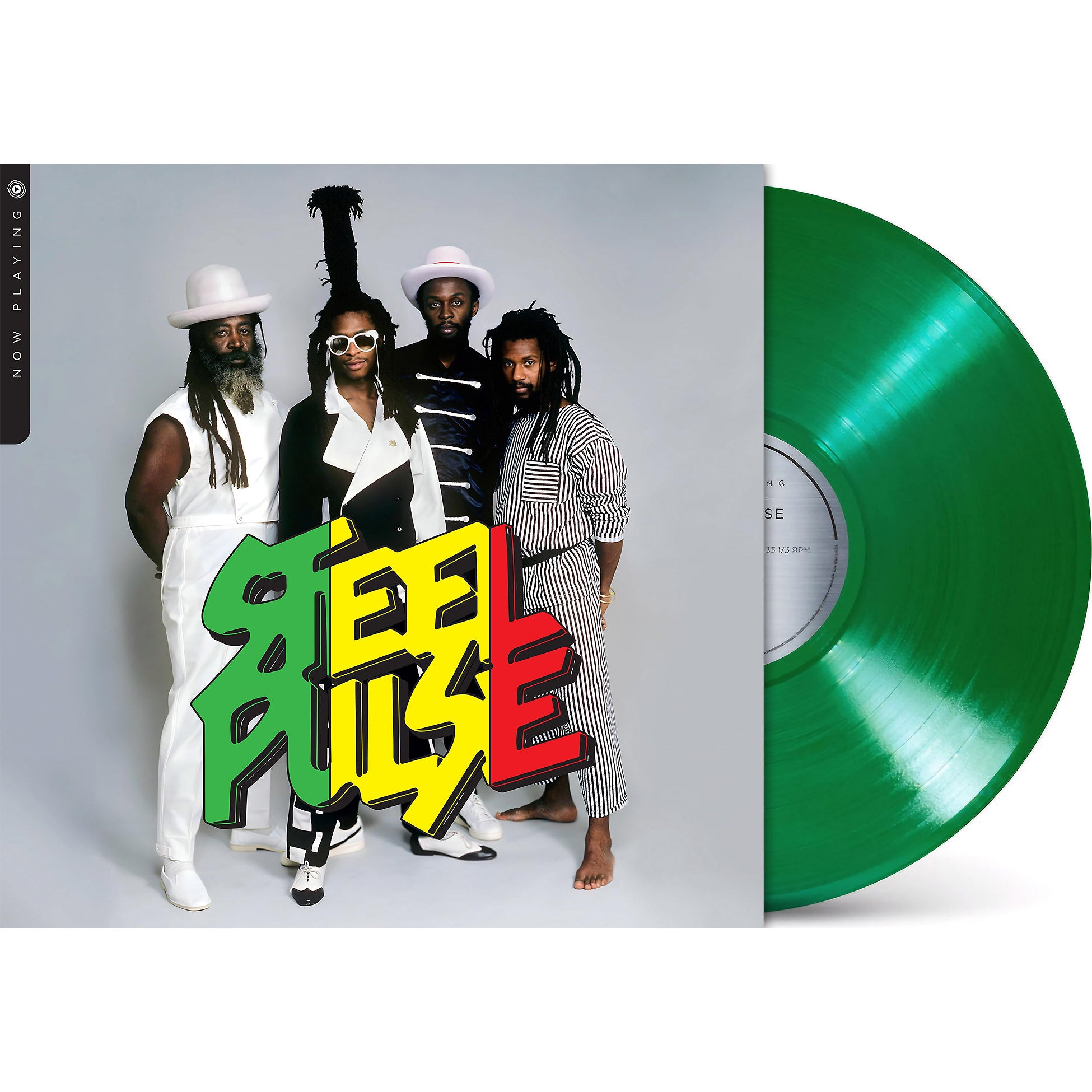 steel pulse, now playing, greatest hits, packshot,album cover, green vinyl, album art, cover, cover art, vinyl,
