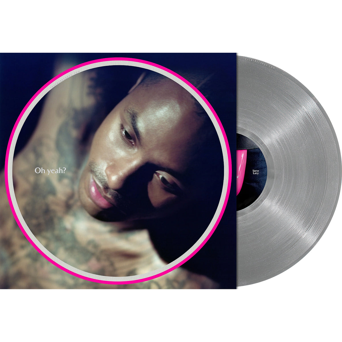 Steve Lacy Oh Yeah? packshot of the limited edition opaque gray vinyl LP with printed disc sleeve and poster